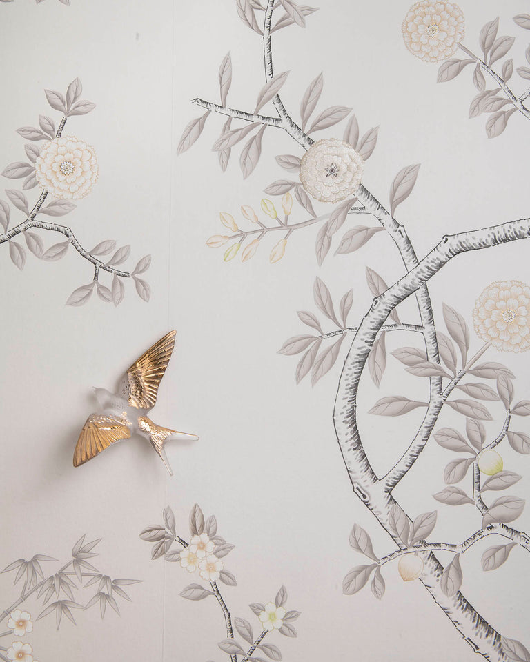 Fromental Hirondelles sculptural wallcovering — luxury designer wallpaper with Lalique swallow and dahlia crystal embellishments